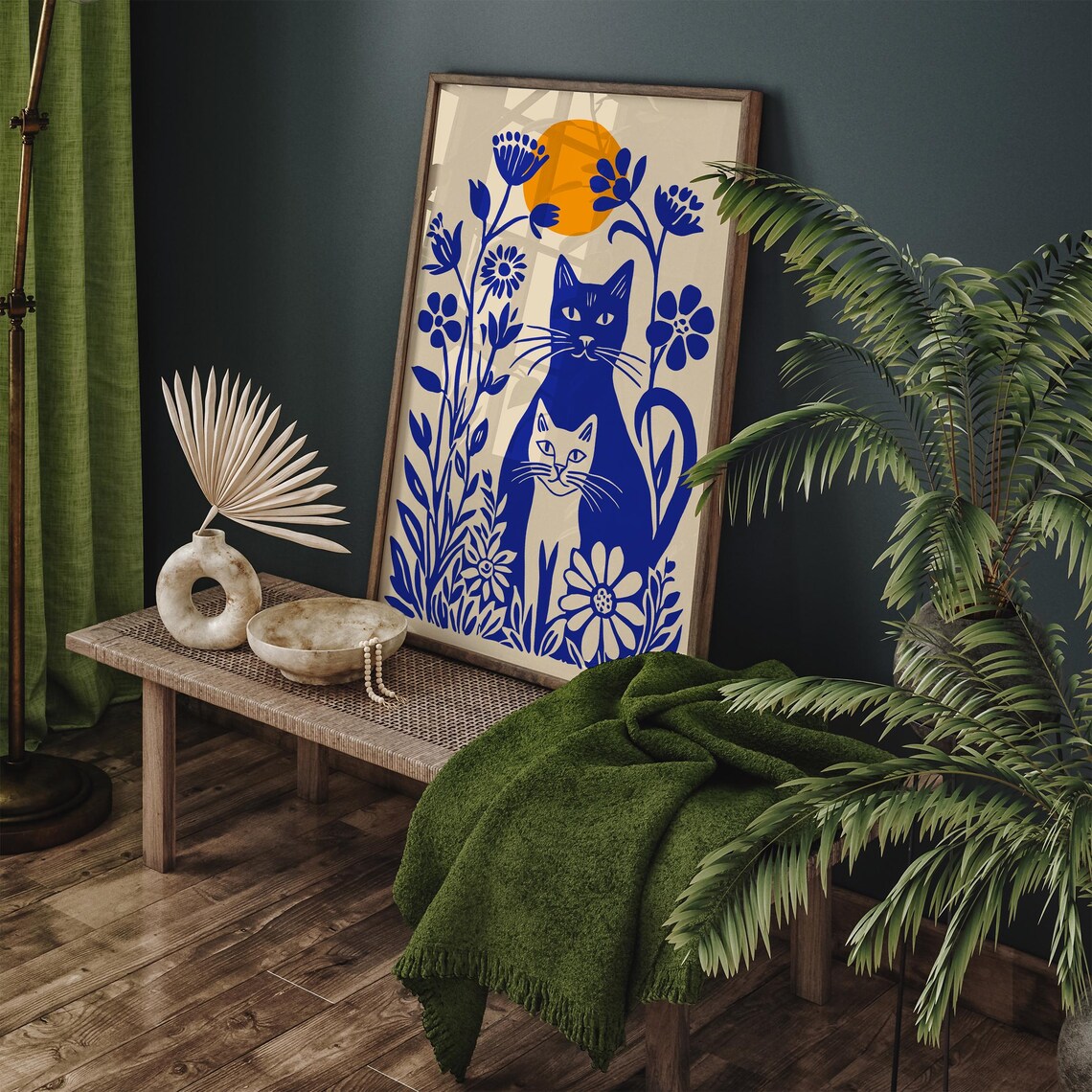 Sunny Blue Cats Among Flowers Whimsical Retro Feline Art Poster - Image 4