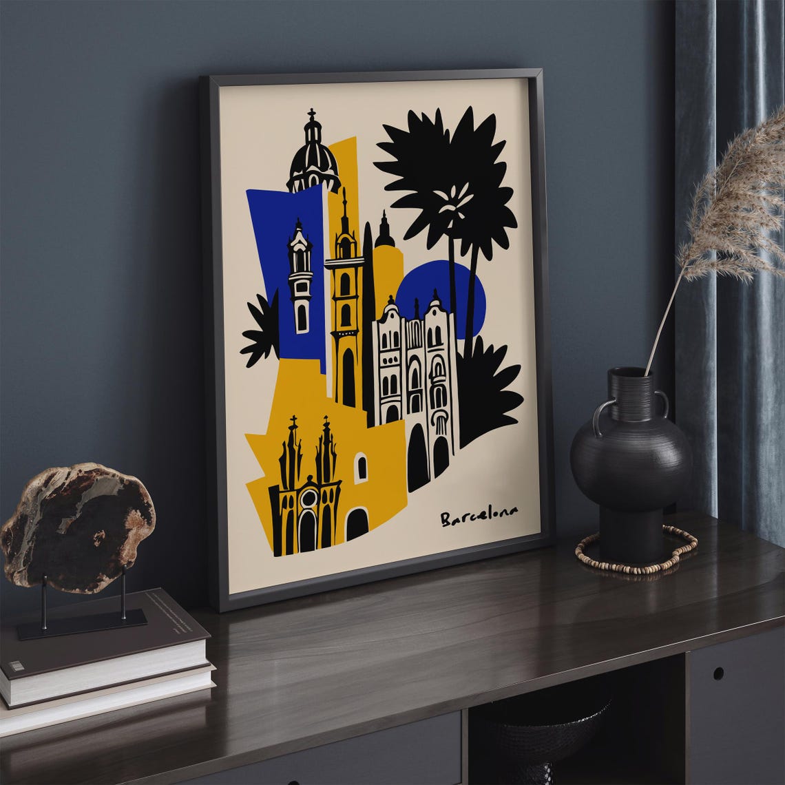 Barcelona Vibrant Blue Yellow Abstract Landmarks Art Piece Poster - Image 3