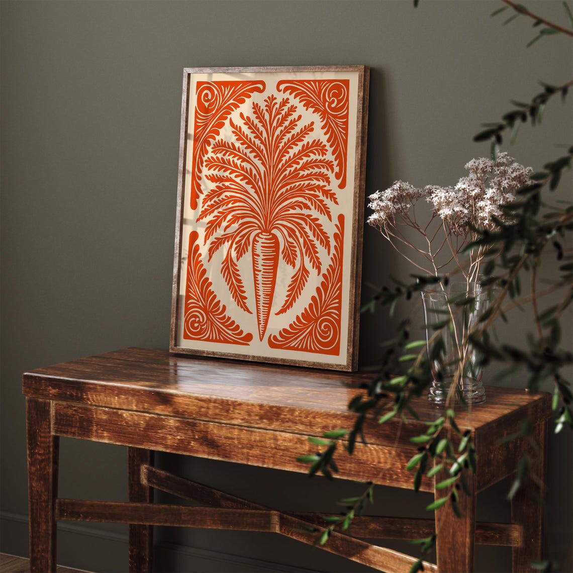 Vintage Carrot Botanical Linocut Rustic Farmhouse Kitchen Wall Art - Image 3