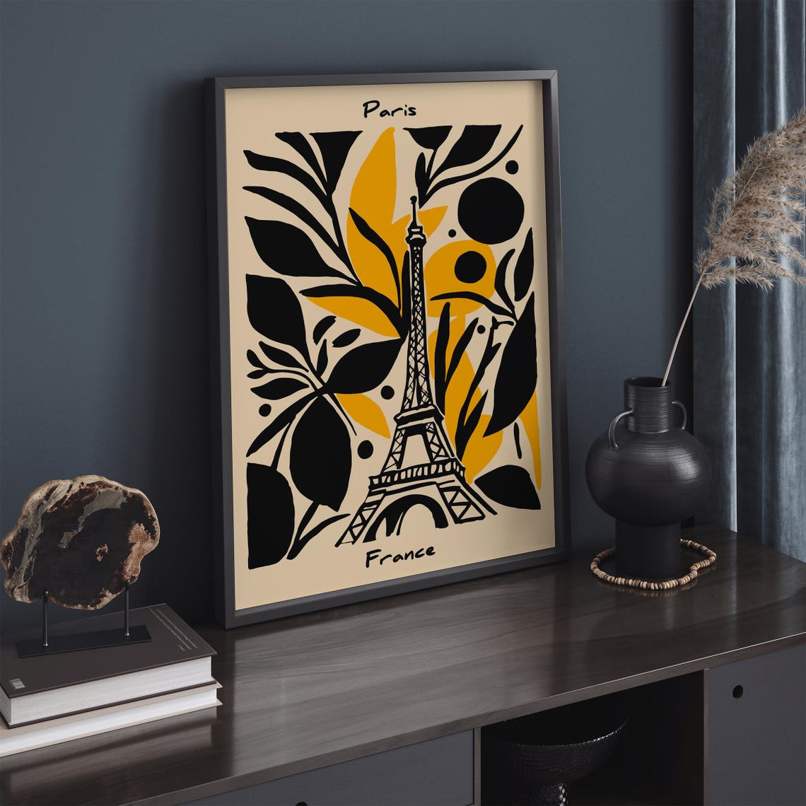 Paris Eiffel Tower Botanical Yellow Black France Travel Poster - Image 2
