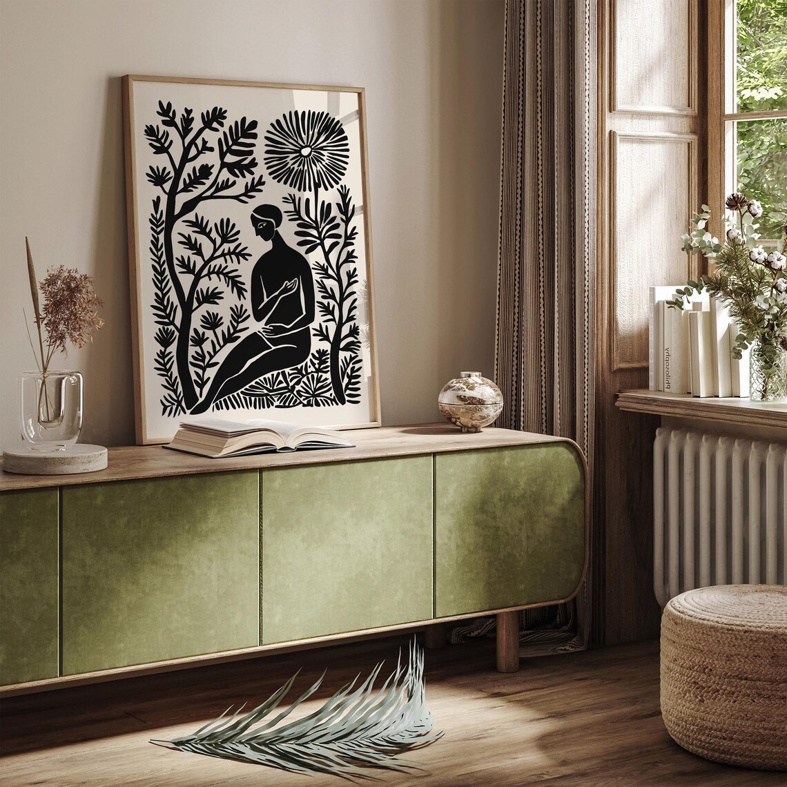 Black White Botanical Harmony Seated Woman Among Plants Linocut Poster - Image 6