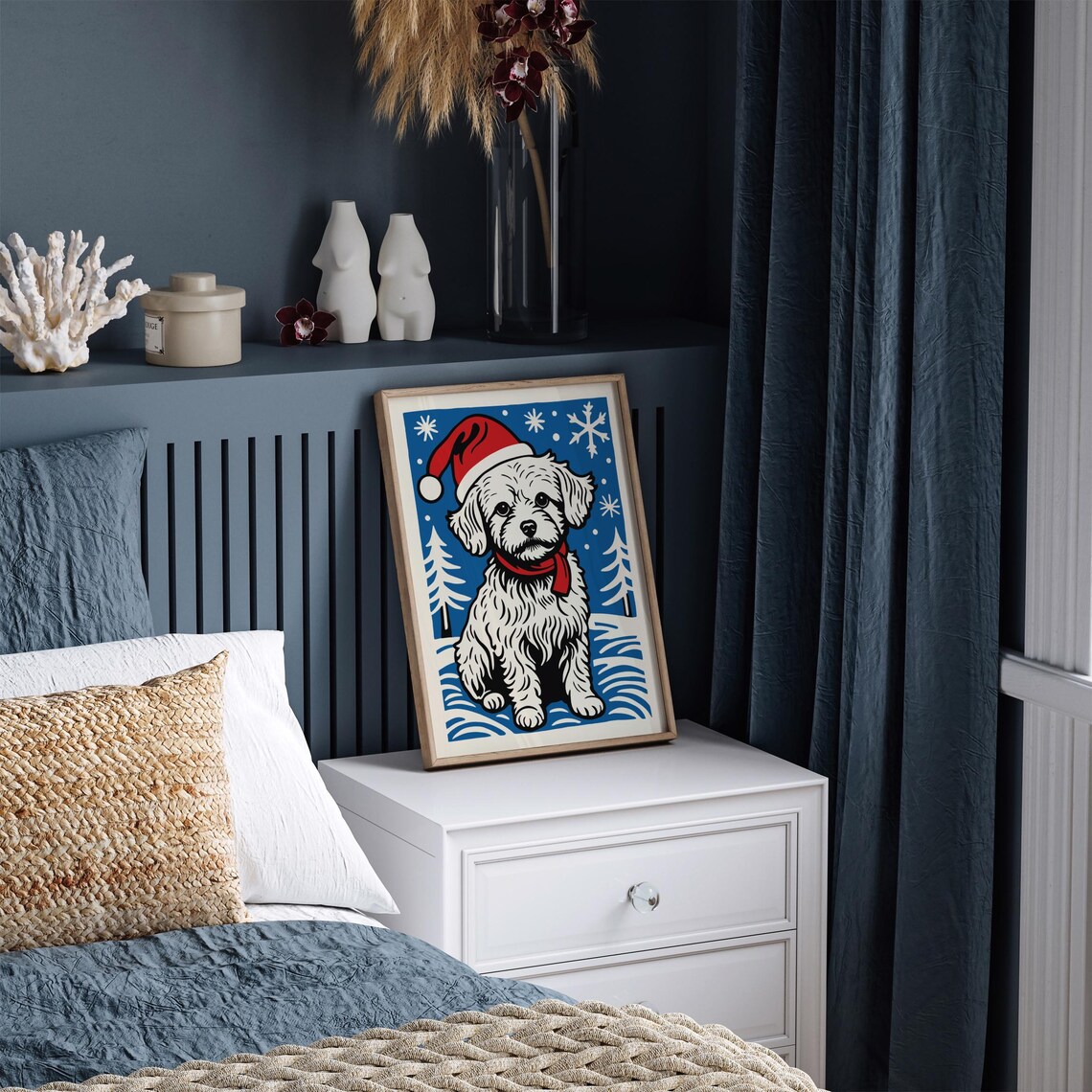 Cute Maltese Puppy in Santa Hat Snowy Blue Christmas Scene Poster - Image 3