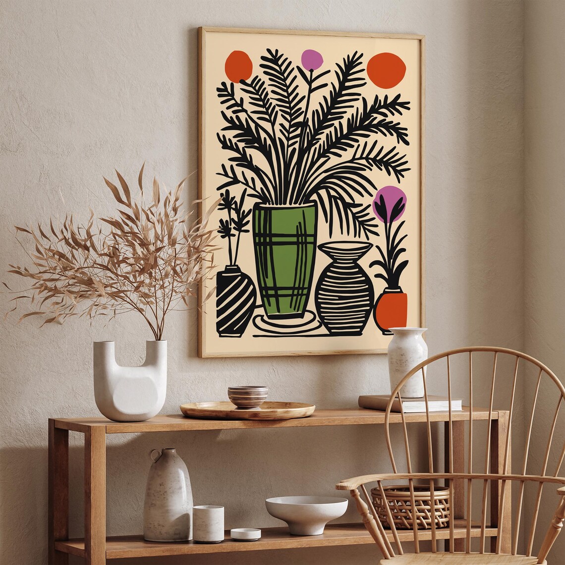 Retro Botanical Still Life Green Vase Colorful Folk Art Decor Poster - Image 3