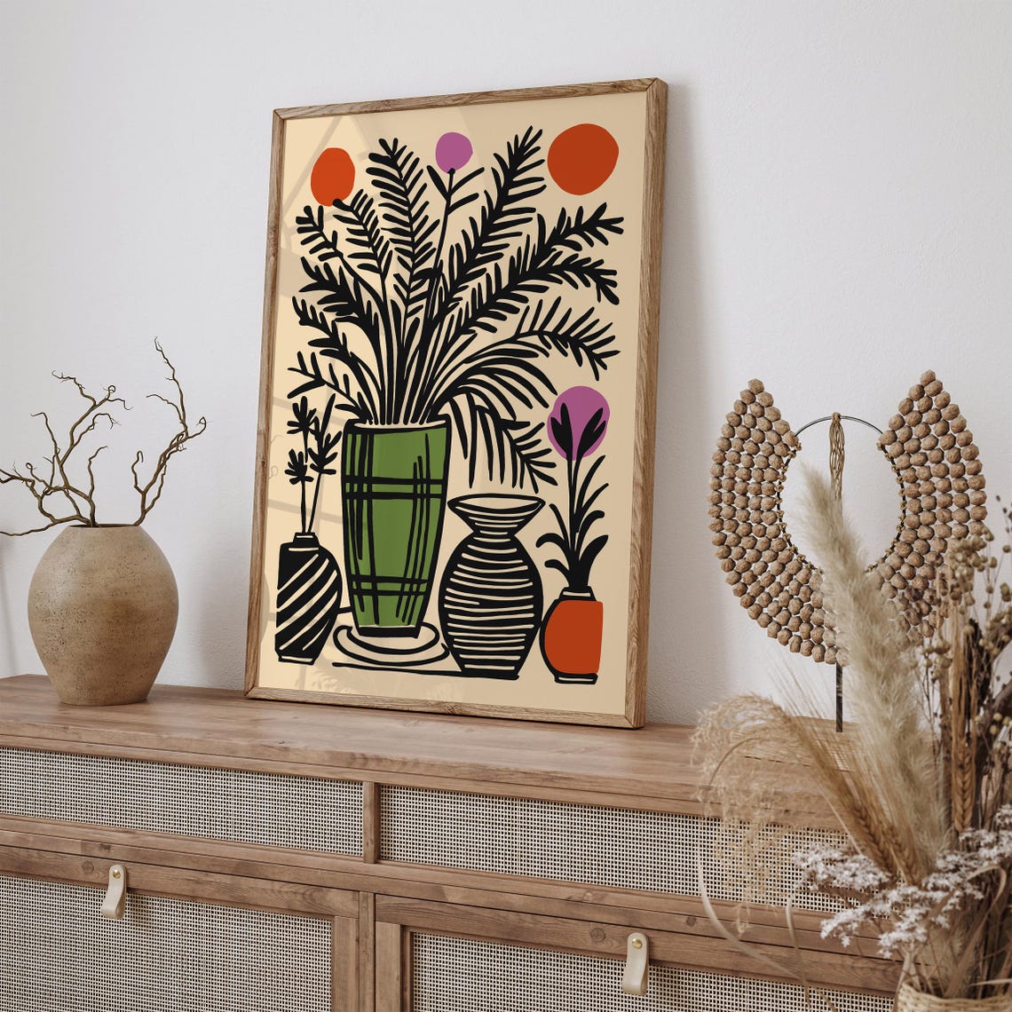 Retro Botanical Still Life Green Vase Colorful Folk Art Decor Poster - Image 2