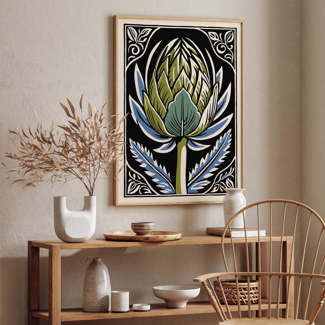 Green Artichoke Linocut on Black With Blue Leaves Kitchen Poster - Image 3