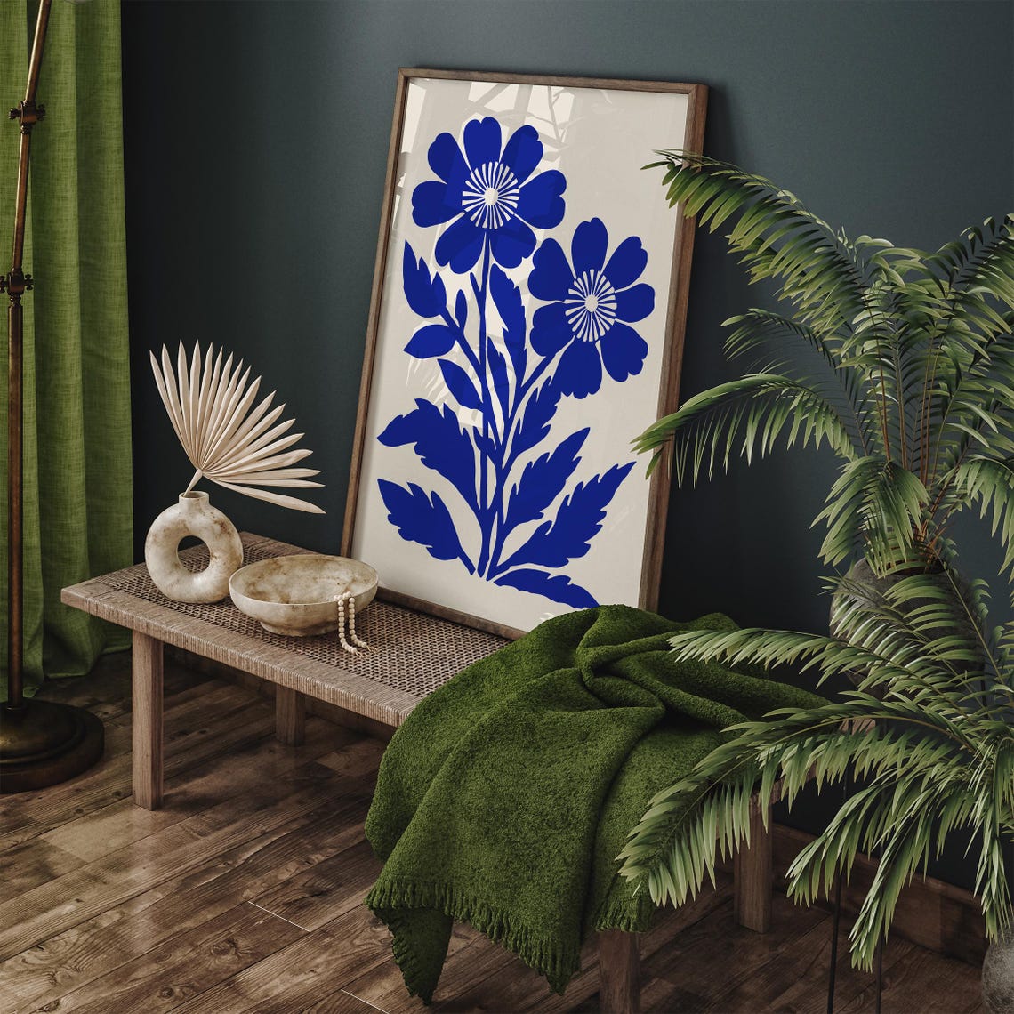 Modern Minimalist Blue Floral Cutout Silhouette Botanical Print - Image 4