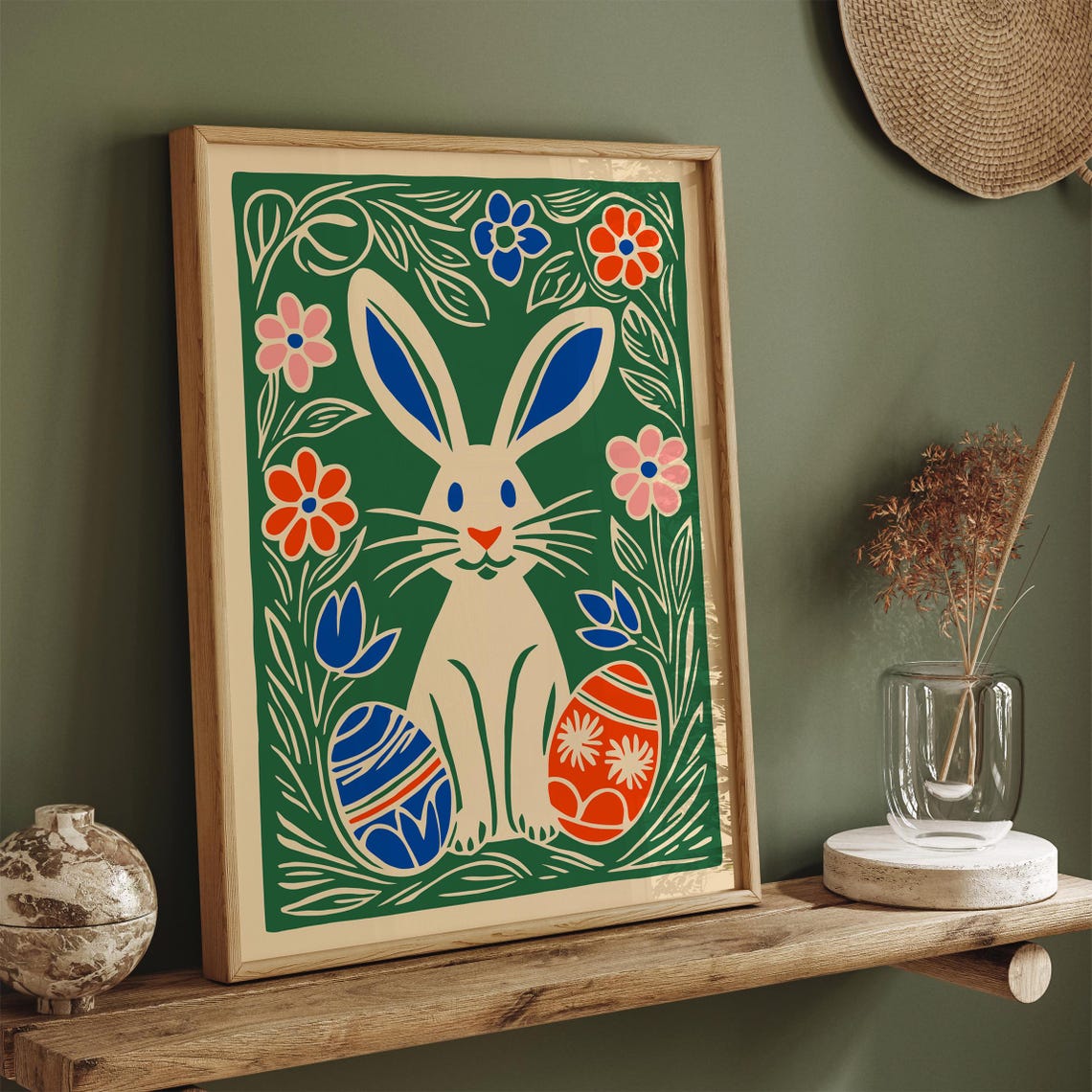 White Easter Bunny Green Meadow Flowers Painted Eggs Art Poster