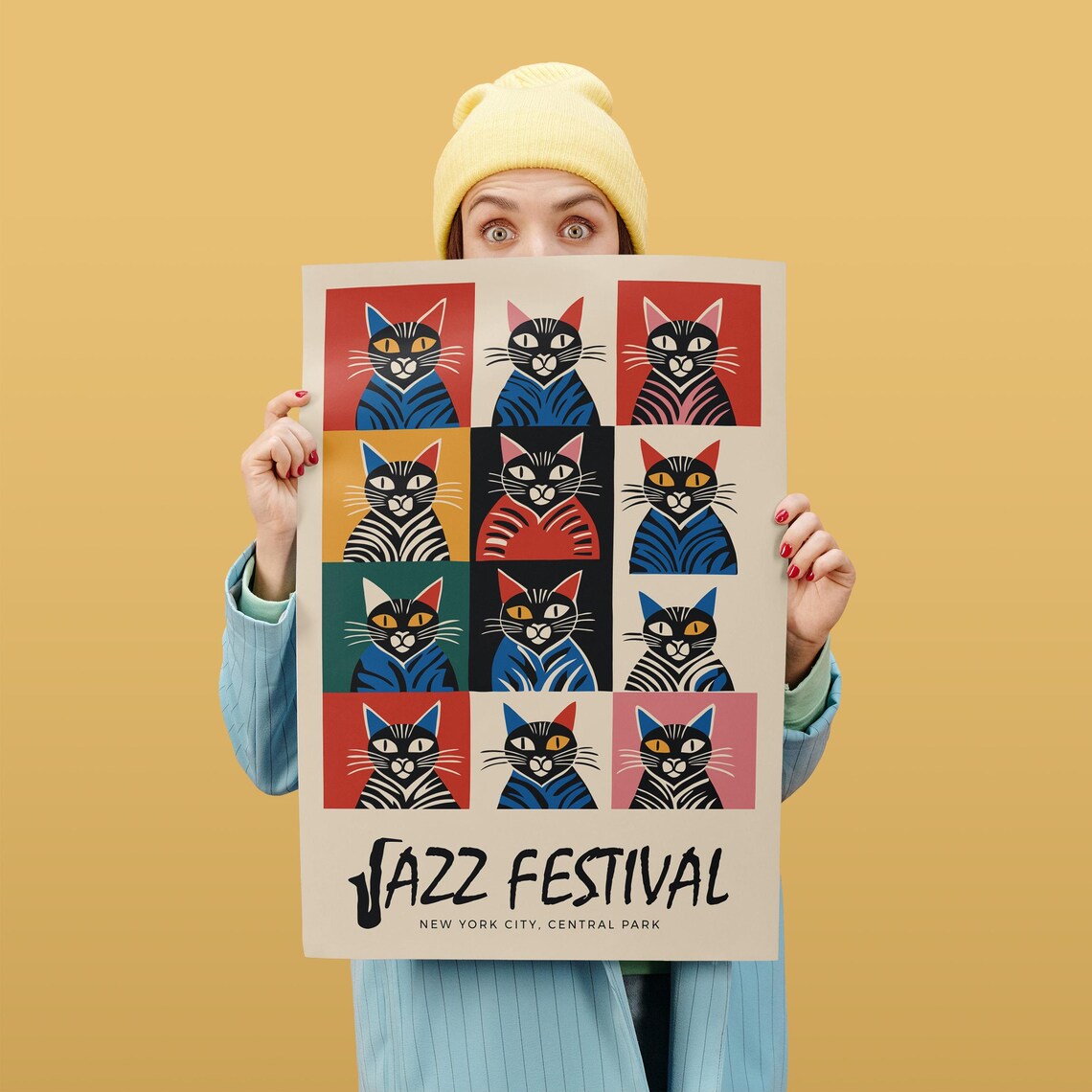 Jazz Festival New York City Colorful Pop Art Cats Grid Funny Poster - Image 5
