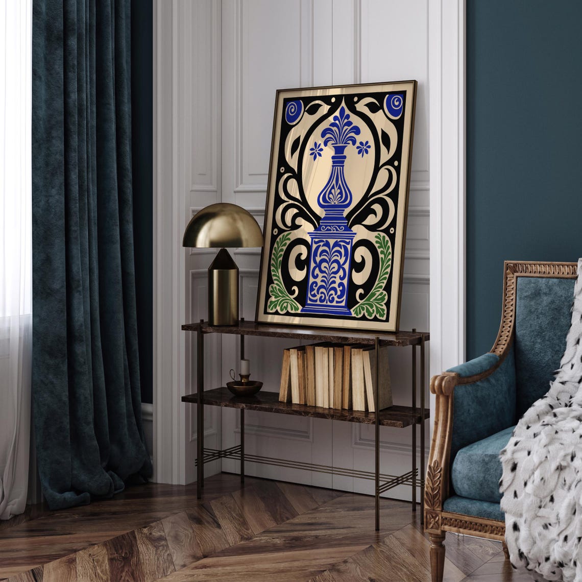 Art Nouveau Blue Floral Vase Decorative Botanical Home Wall Art - Image 4