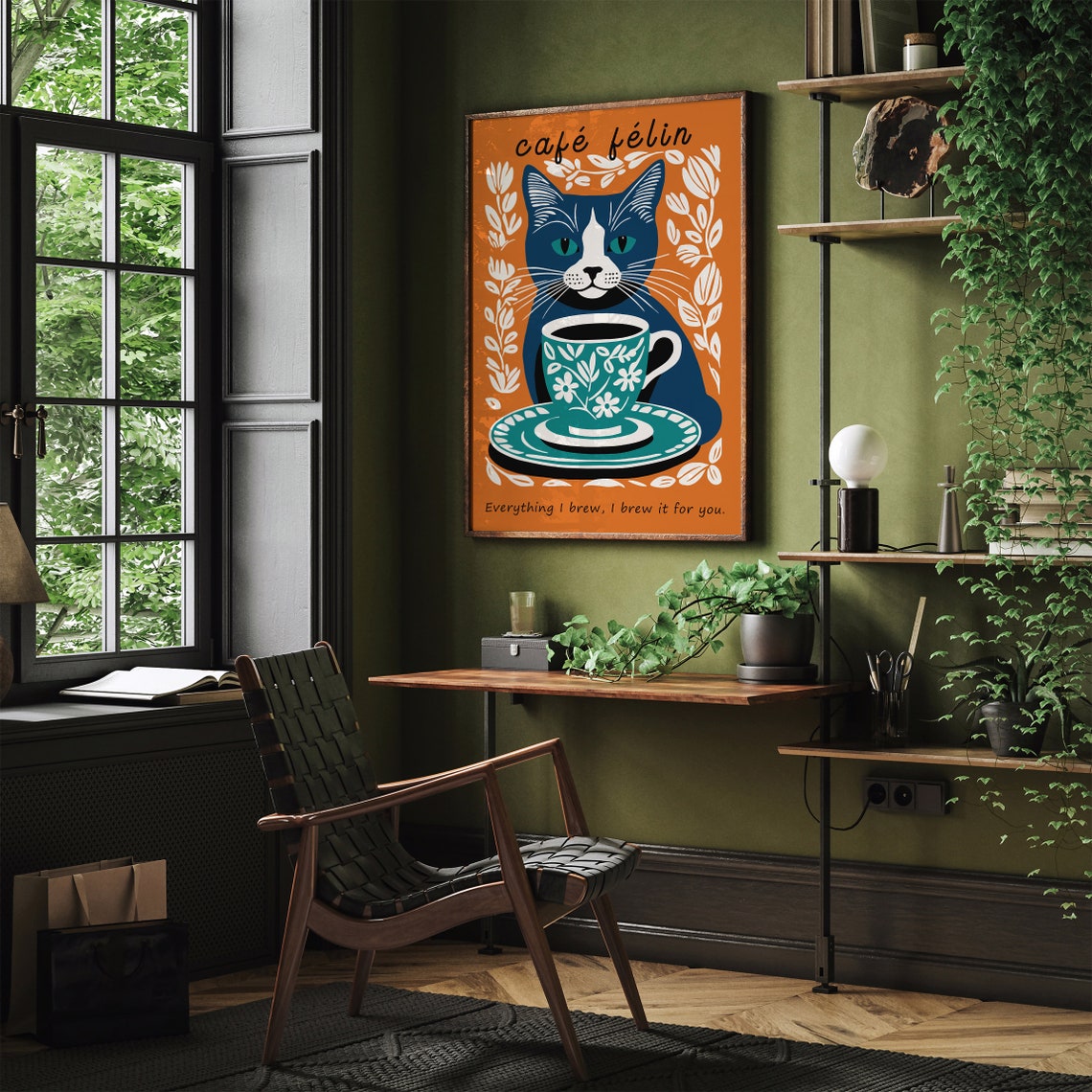 Café Félin Navy Cat With Floral Coffee Cup Vintage Wall Poster - Image 5