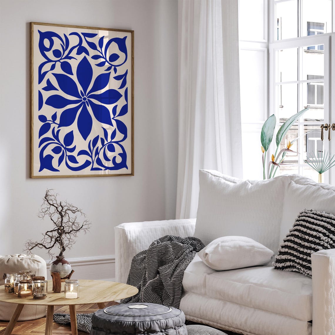 Indigo Floral Medallion Monochrome Tile Style Elegant Bloom Art Poster - Image 4