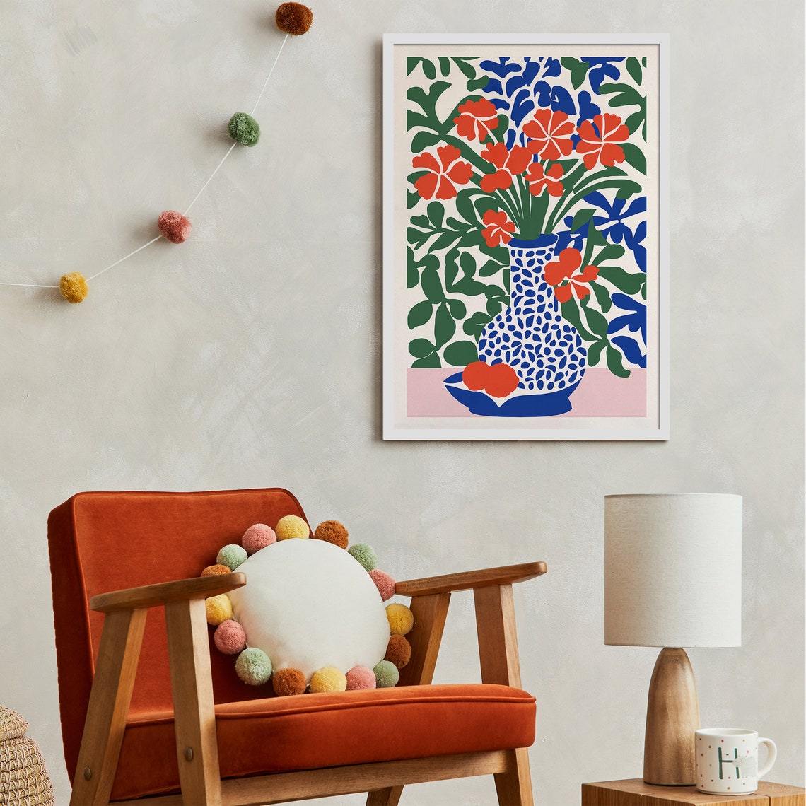 Abstract Retro Flower Botanical Pink Blue Vase Floral Art Poster - Image 3