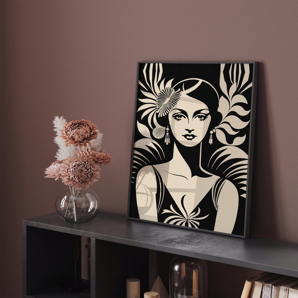 Glamorous Art Deco Flapper Woman Portrait Black Beige Poster - Image 2