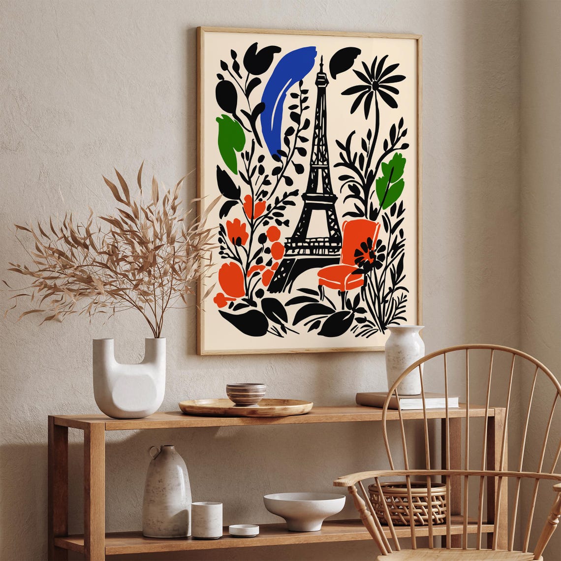 Paris Eiffel Tower Botanical Poster Red Chair and Abstract Leaves - Image 4
