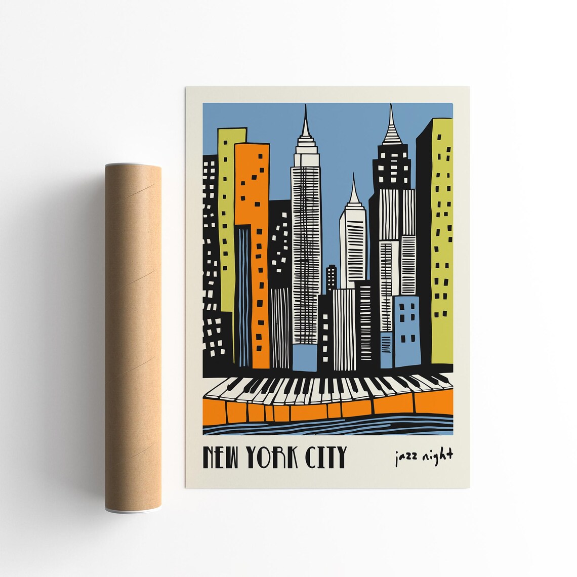 New York City Jazz Night Skyline Piano Keys Colorful Art Poster