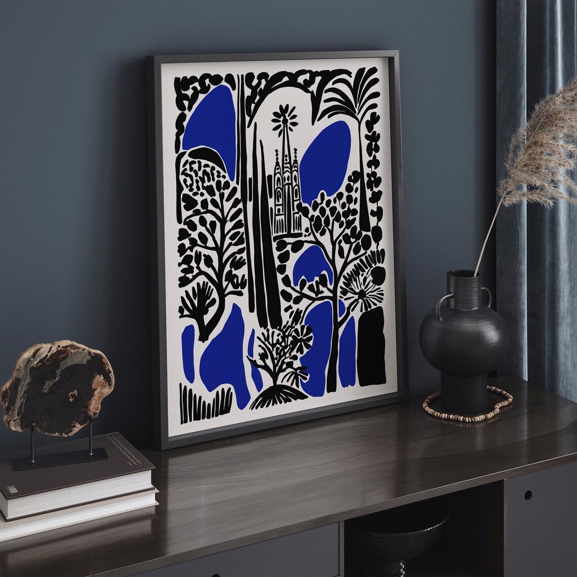 Black and Blue Botanical Sagrada Familia Barcelona City Poster - Image 2