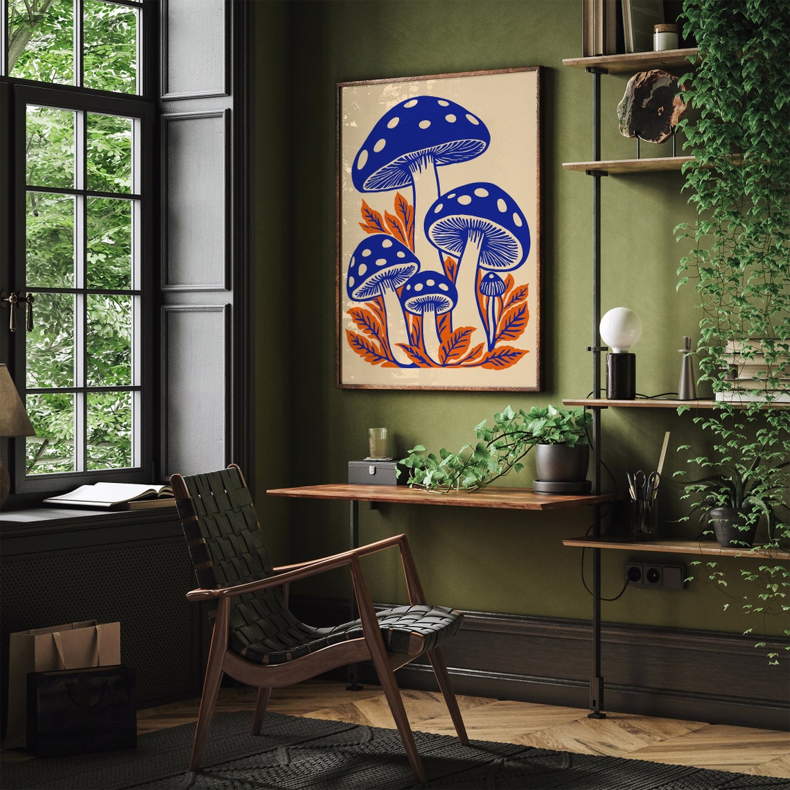Blue Polka Dot Mushrooms Orange Leaves Retro Botanical Art Poster - Image 5