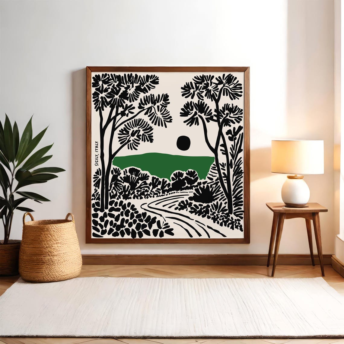 Sicily Italy Black Ink Pine Tree Landscape Linocut Travel Poster - Image 3