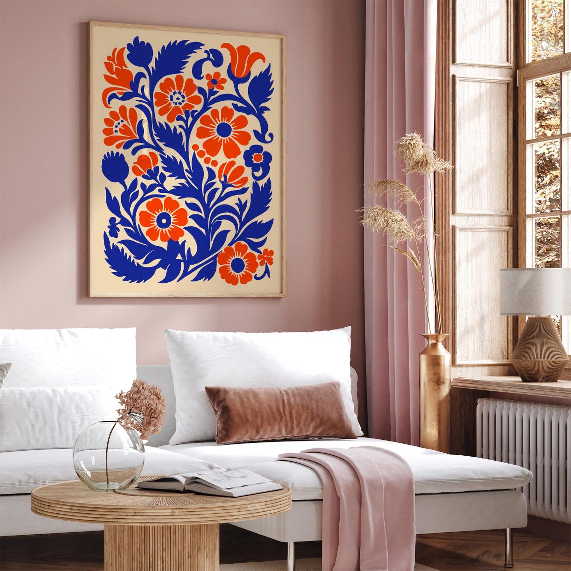Folk Art Floral Blue Orange Papercut Style Botanical Wall Poster - Image 4