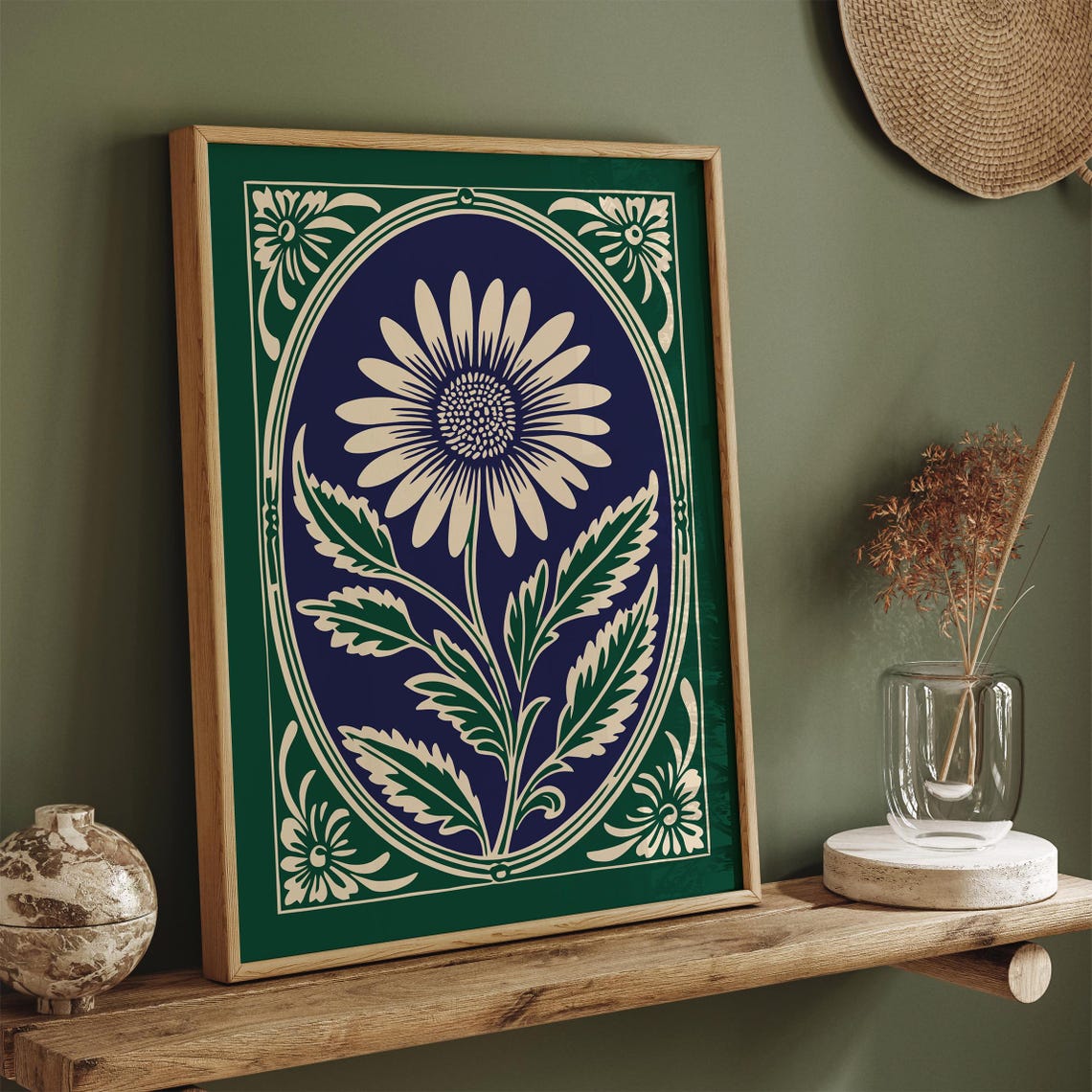 Green Rococo Daisy White Bloom Navy Elegant Botanical Poster - Image 3