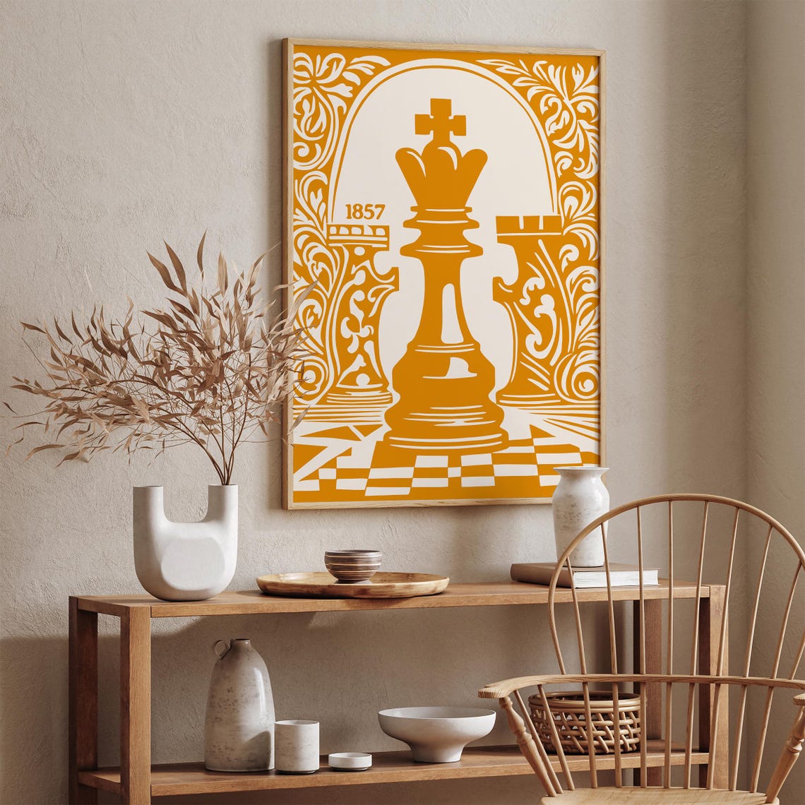 1857 Mustard Yellow Chess King and Rooks Vintage Game Poster - Image 2