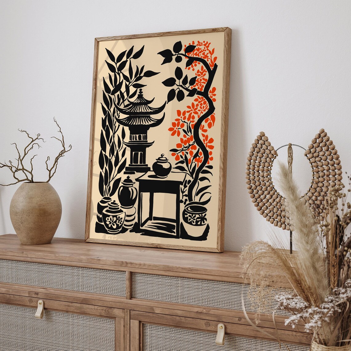 Kyoto Pagoda Black Ink Japanese Zen Still Life Poster Red Blossoms - Image 2