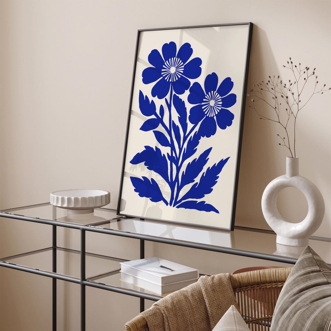 Modern Minimalist Blue Floral Cutout Silhouette Botanical Print - Image 5