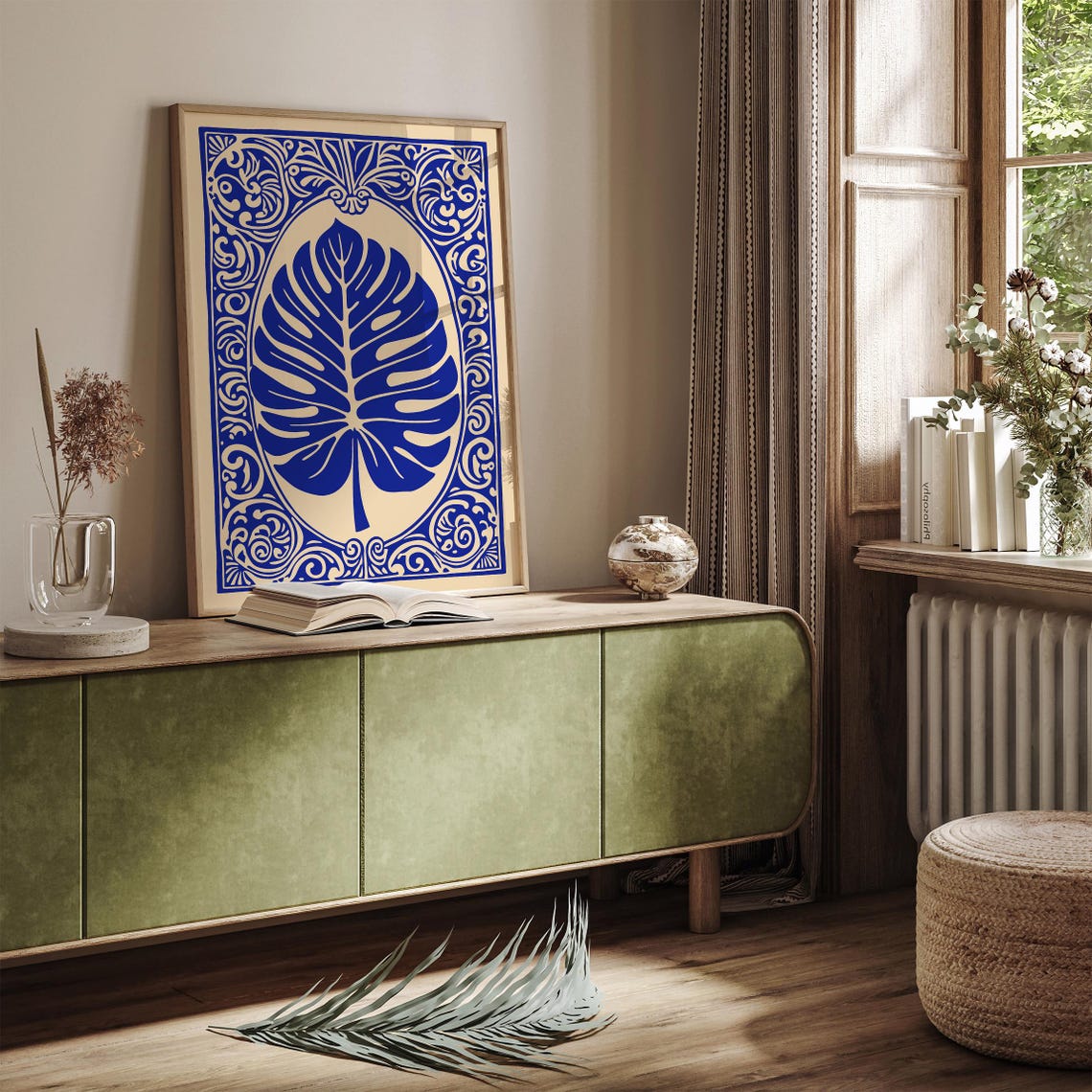 Blue Monstera Leaf Ornamental Tile Botanical Boho Art Poster - Image 3