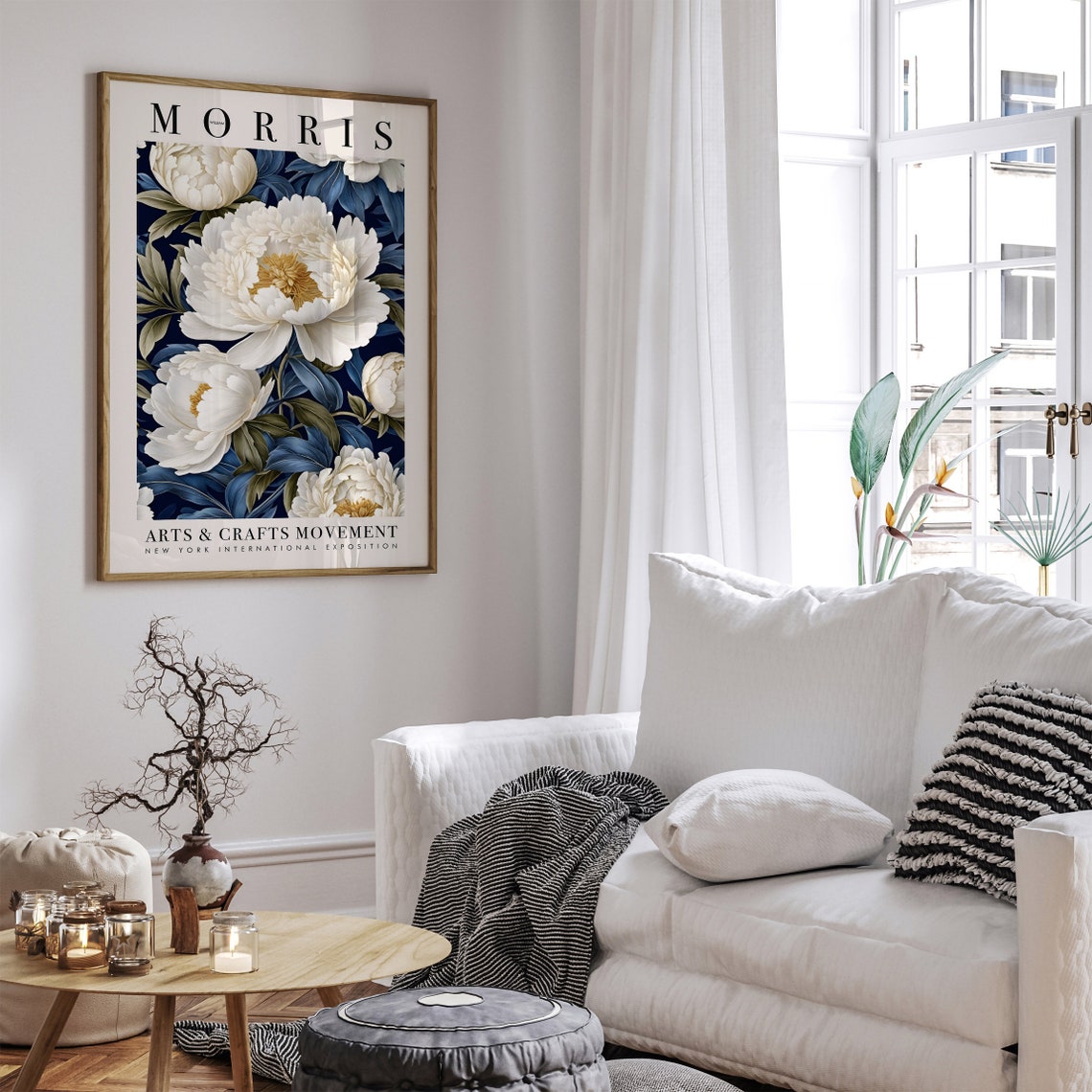 William Morris Arts and Crafts White Peony Navy Floral Poster - Image 2