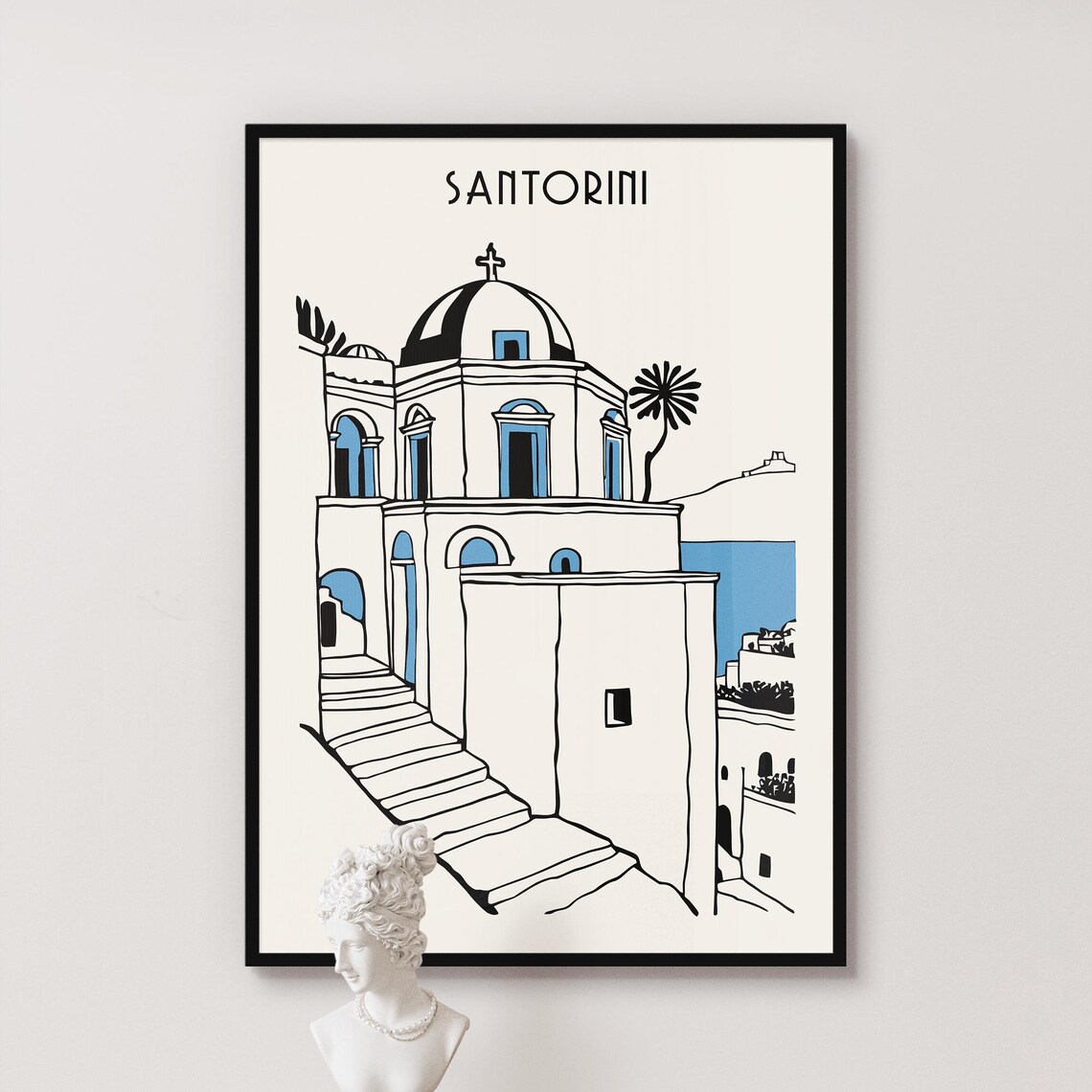 Santorini Blue Dome Church Minimalist Line Art Travel Poster
