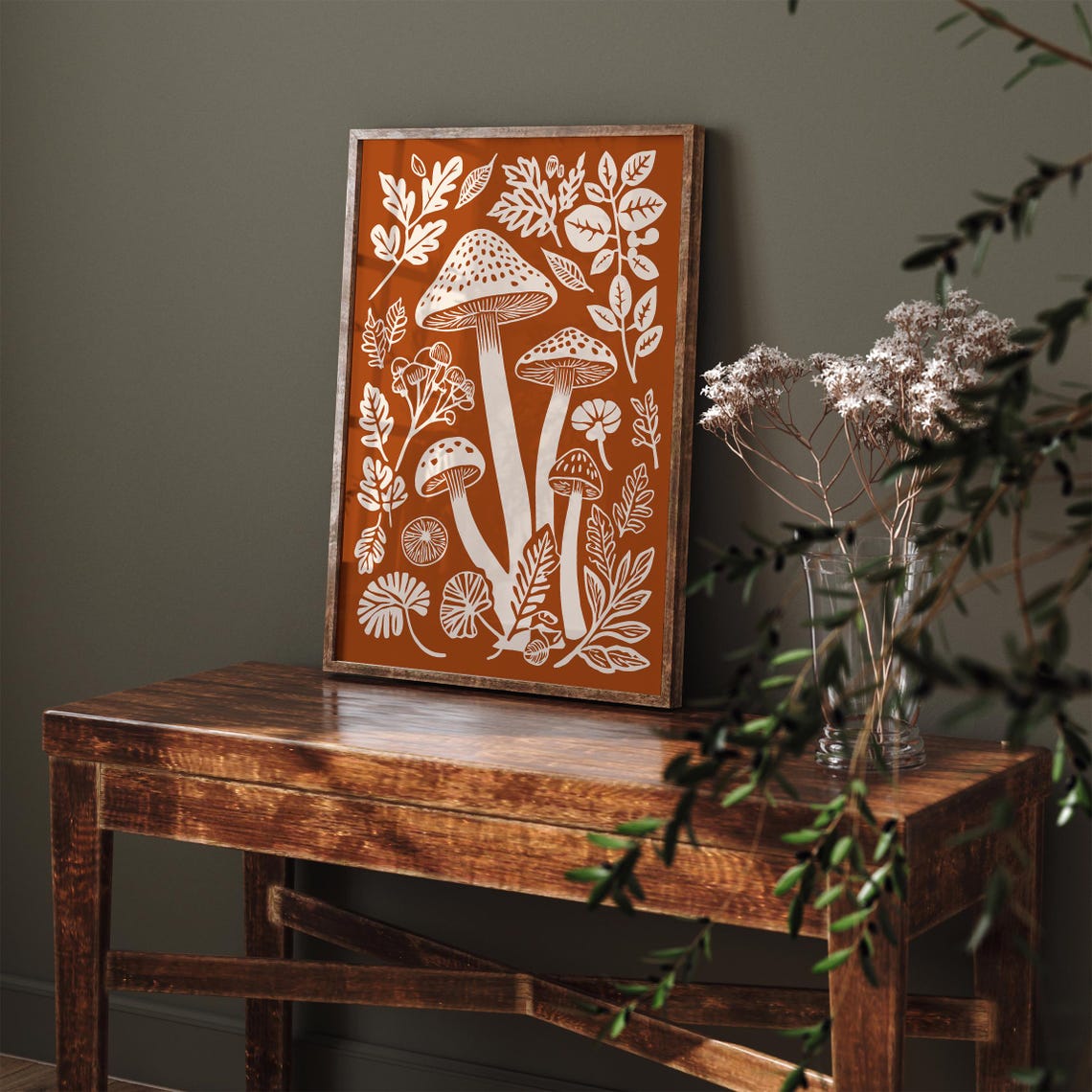 Burnt Orange Mushroom Botanical Forest Floor Linocut Style Poster - Image 4