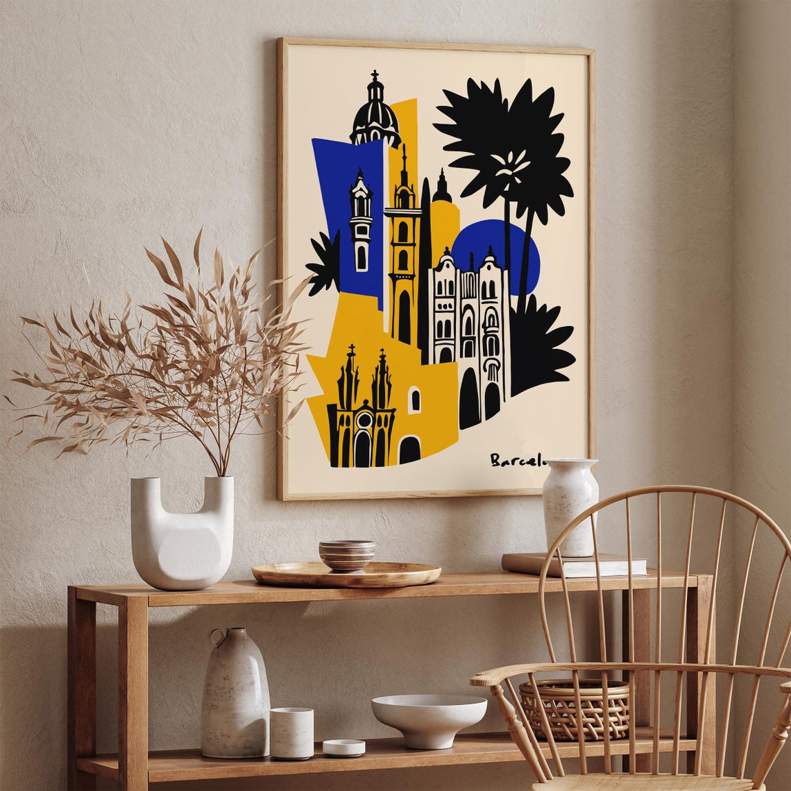 Barcelona Vibrant Blue Yellow Abstract Landmarks Art Piece Poster - Image 2