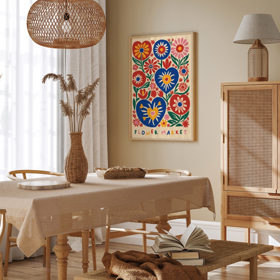 Colorful Flower Market Folk Floral Hearts Whimsical Art Poster - Image 2