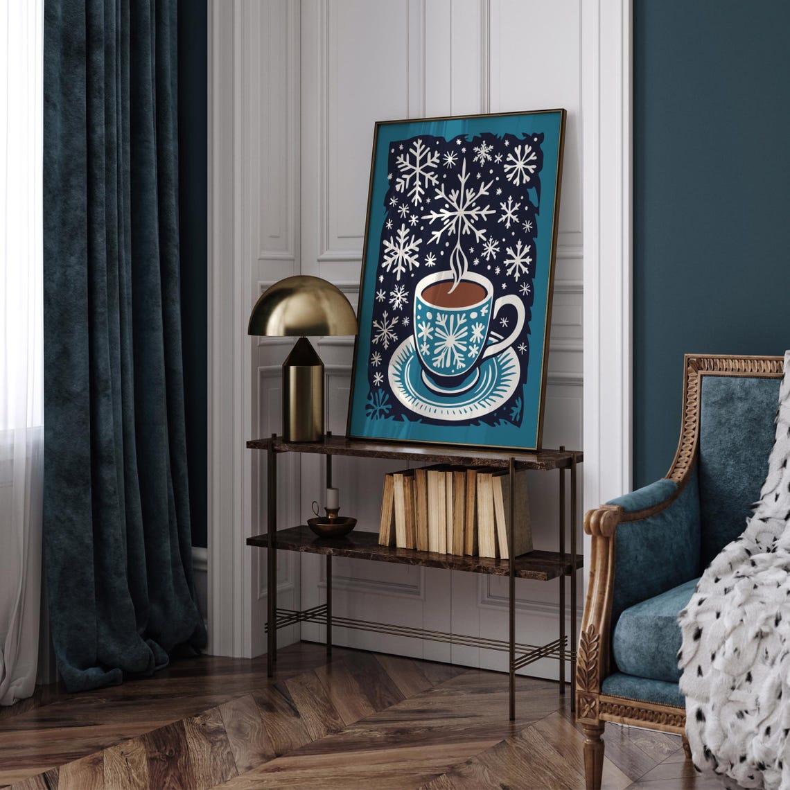 Teal Snowflake Pattern Coffee Cup Winter Hygge Kitchen Poster - Image 2