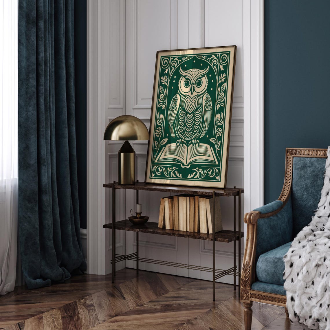 Green Linocut Owl Reading Book Whimsical Library Decor Poster - Image 5