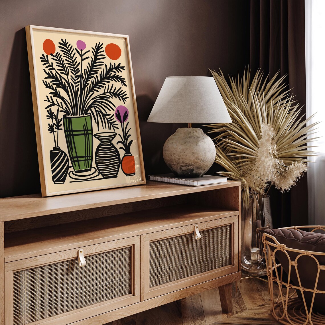 Retro Botanical Still Life Green Vase Colorful Folk Art Decor Poster - Image 4