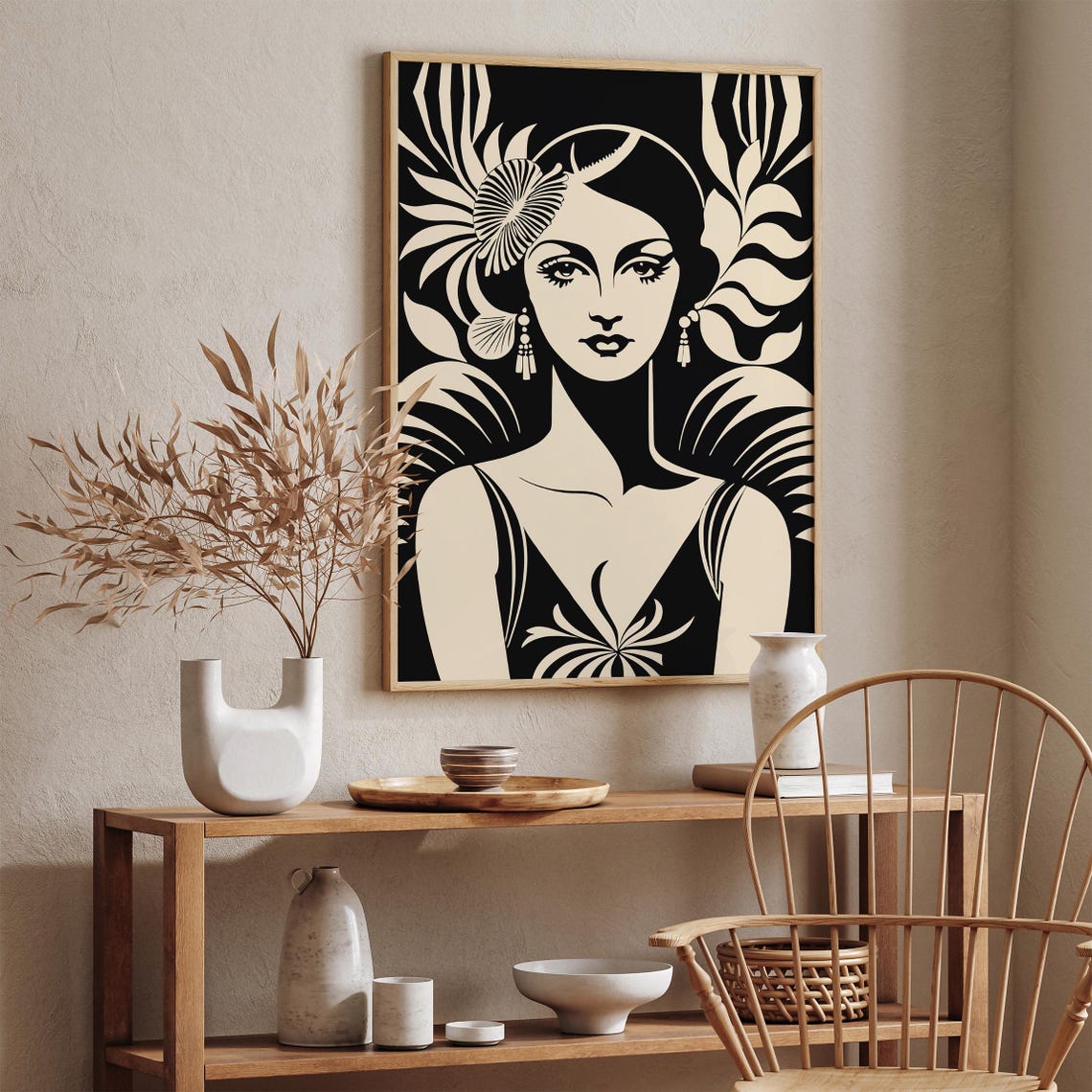 Glamorous Art Deco Flapper Woman Portrait Black Beige Poster - Image 4