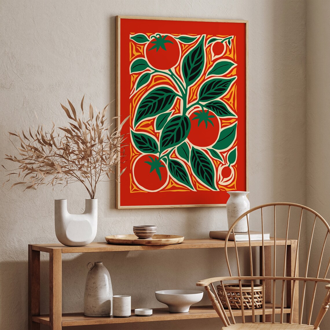 Red Tomato Plant Linocut Style Kitchen Botanical Garden Poster - Image 3