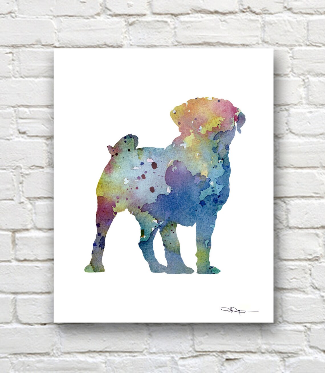 Blue and Green Watercolor Pug Dog Standing Side View Art Print