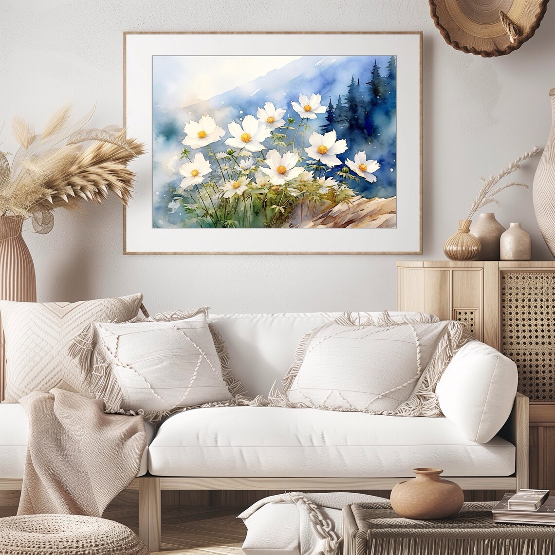 White Wildflowers Blue Mountain Meadow Watercolor Floral Poster - Image 5
