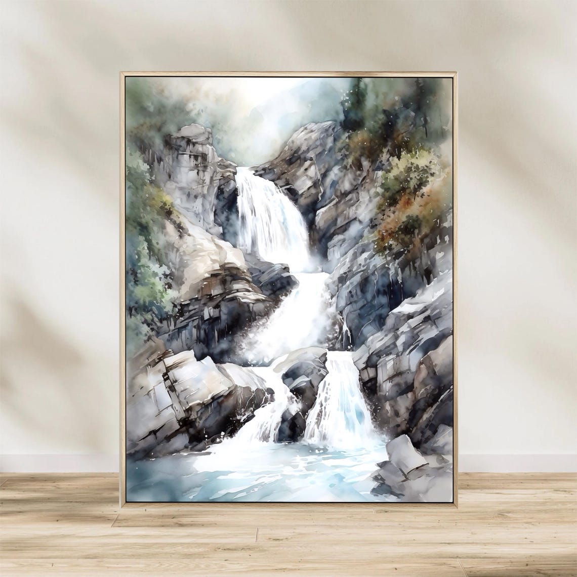 Mountain Waterfall Cascading Over Rocky Cliffs Watercolor Poster - Image 2