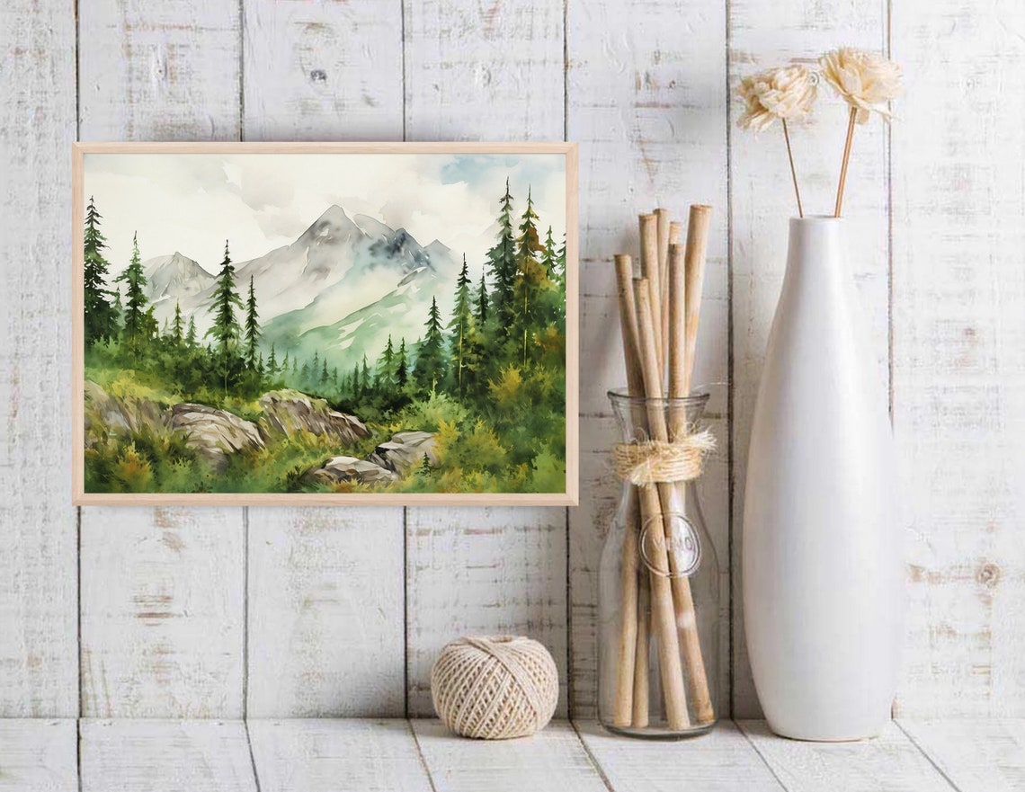 Green Pine Forest Mountain Backdrop Serene Watercolor Art Poster - Image 3