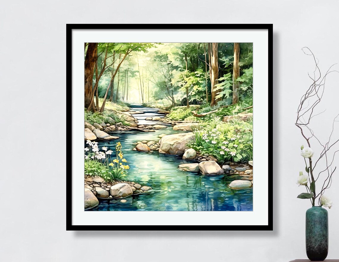 Forest River Watercolor Nature Landscape Art Print - Image 2