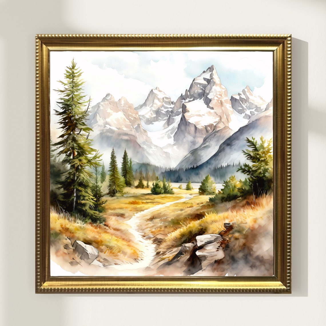 Snowy Jagged Mountain Peaks Pine Forest Meadow Watercolor Poster - Image 2