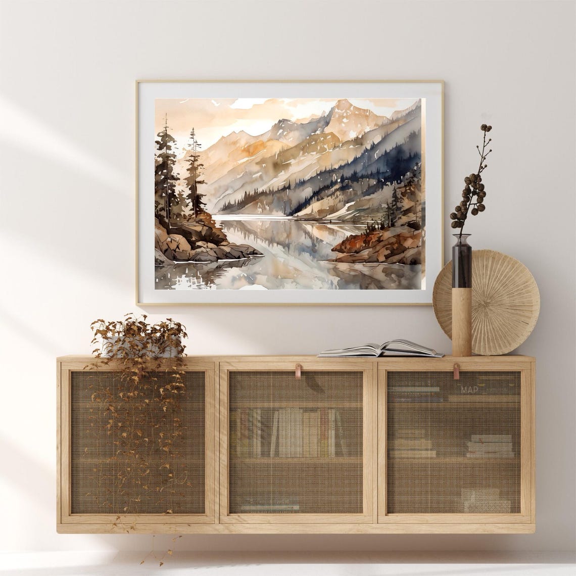 Mountain Lake Reflection with Snowy Mountain Peaks Watercolor Poster - Image 3