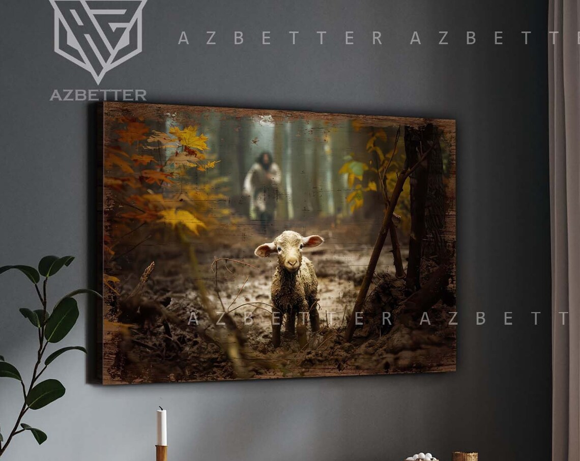 Lost Sheep Parable Jesus Running After Little Lamb Autumn Forest Poster