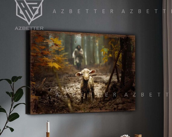 Lost Sheep Parable Jesus Running After Little Lamb Autumn Forest Poster