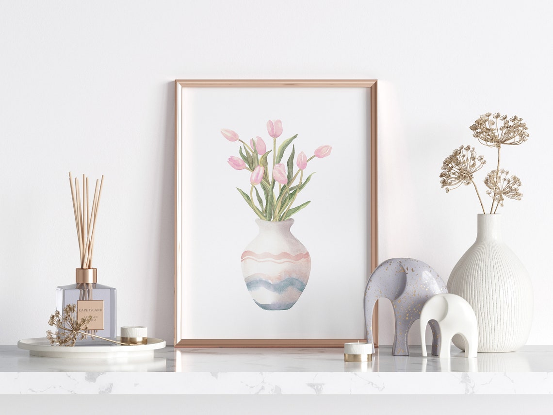 Pink Tulips Striped Ceramic Vase Watercolor Spring Blossom Poster - Image 3