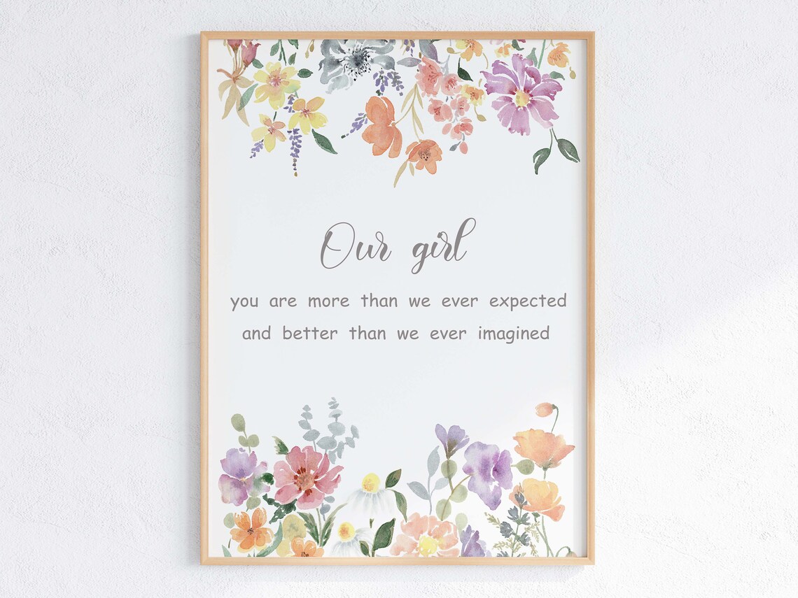 Our Girl Nursery Quote Poster with Soft Watercolor Floral Corner Design - Image 3
