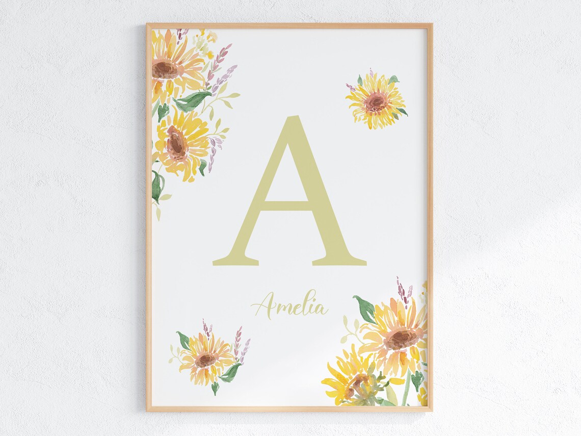 Sunflower Letter And Name Watercolor Art Print